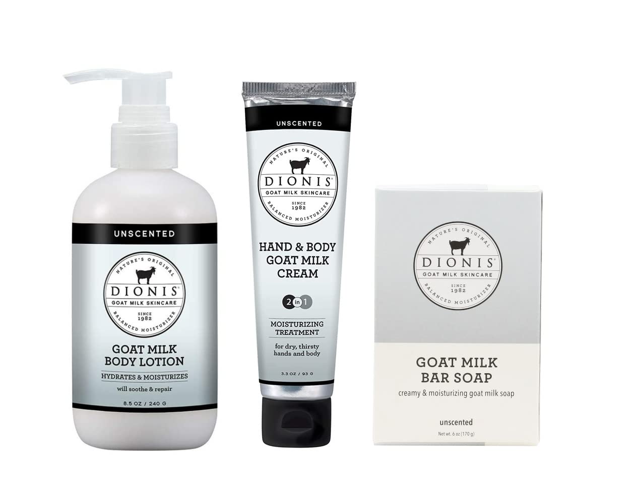 Dionis Goat Milk Skincare Unscented Lotion 8.5oz, Hand & Body Cream 3.3oz and Bar Soap 6oz Bundle