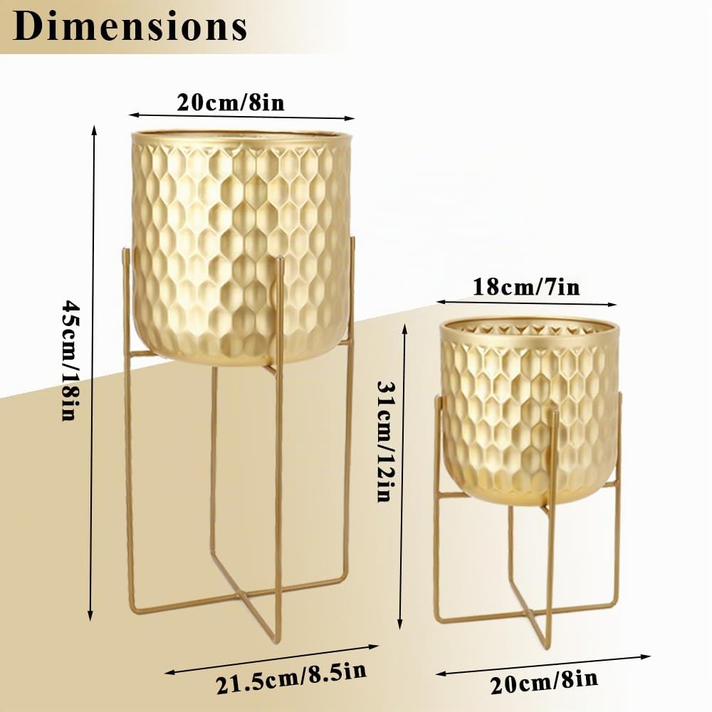 TRIROCKS Set de 2 Jardinières Métalliques Modernes avec Support 31cm & 45cm, Pots de Fleurs pour Intérieur/Extérieur, Décor Cuisine, Salon, Balcon, Patio (Or)