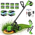 14" Electric String Trimmer Cordless Battery Powered Weed Eater with Wheel, 3-in-1 Cordless Grass Trimmer/Electric Weed Wacker/Edger, Weed Trimmer with 8 Replacement Spools for Garden, Lawn (Green)