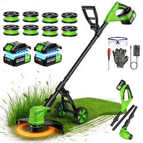 14' Electric String Trimmer Cordless Battery Powered Weed Eater with Wheel, 3-in-1 Cordless Grass Trimmer/Electric Weed Wacker/Edger, Weed Trimmer with 8 Replacement Spools for Garden, Lawn (Green)