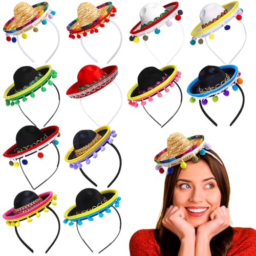 Mumufy 12 Pcs Cinco De Mayo Sombrero Headband Hats Bulk Mini Hat Headband with Fiesta Fabric Mexican Theme Decorations(Stylish)