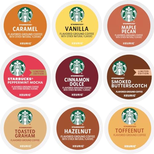 Starbucks K-Cups Flavored Sampler – Caramel, Vanilla, Maple Pecan, Peppermint Mocha, Cinnamon Dolce, Smoked Butterscotch, Toasted Graham, Hazelnut, And Toffeenut