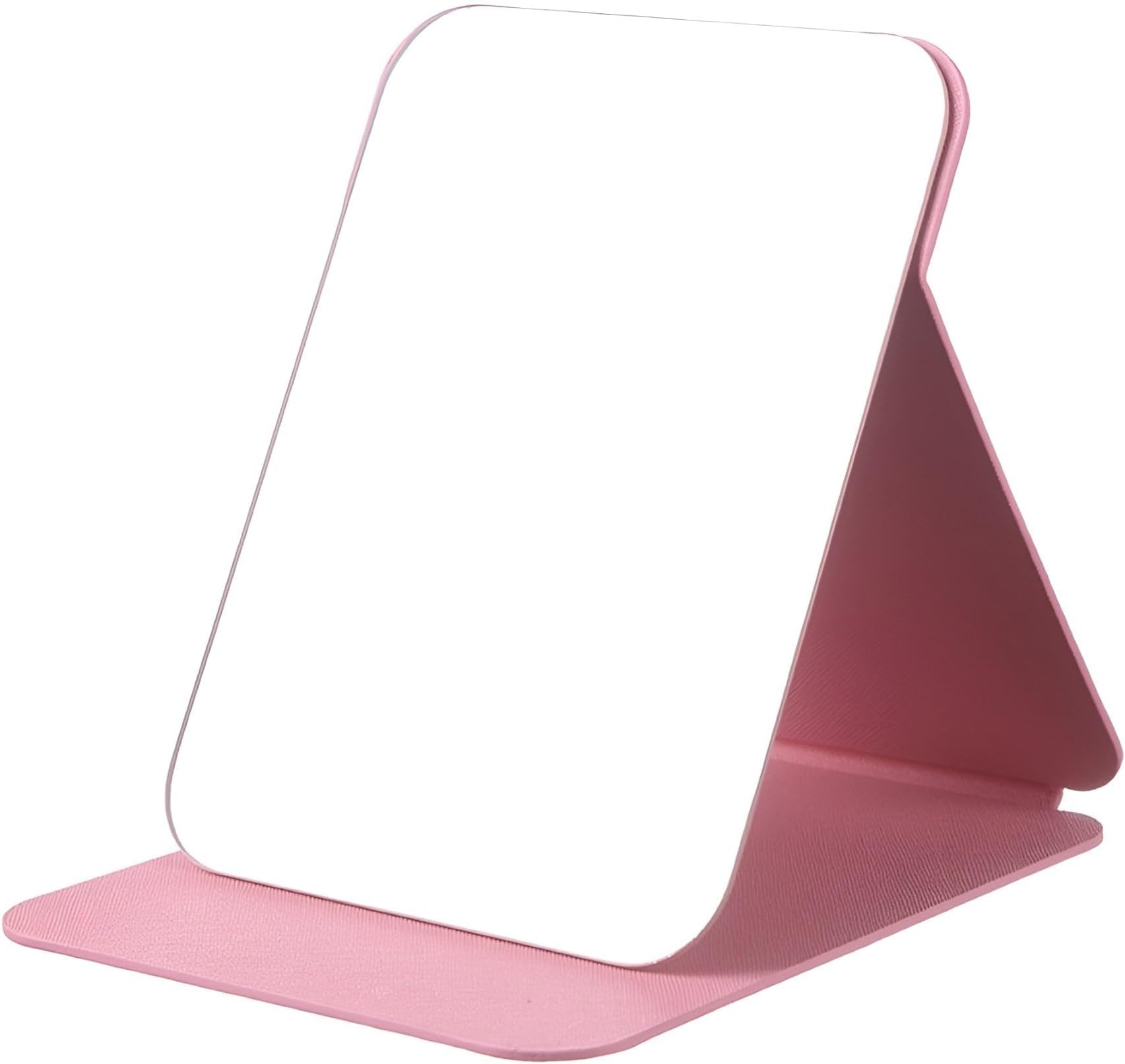 Foldable Makeup Mirror with Stand, Compact Portable Folding Free Standing Travel Vanity Mirror, Frameless PU Leather (Round Edge Pink 1 PCS)