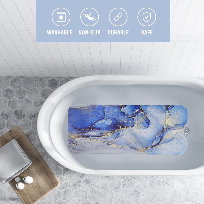 Blue Bathtub Mat Non Slip Gold Line Marble Extra Long Bath Mat for Tub 40x16in Abstract Art Anti Slip Shower Mat for Bathroom with Large Drain Holes and Suction Cups Bath Mat and Bathtub Decor - Image 4