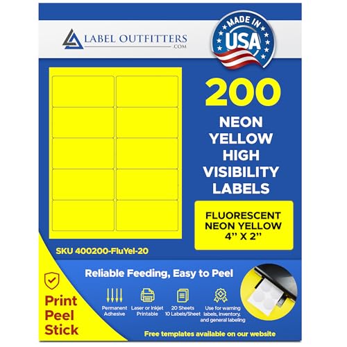 200 LabelOutfitters® Fluorescent Neon Yellow Laser Printer ONLY Labels, 4 x 2 inches, 20 Sheets
