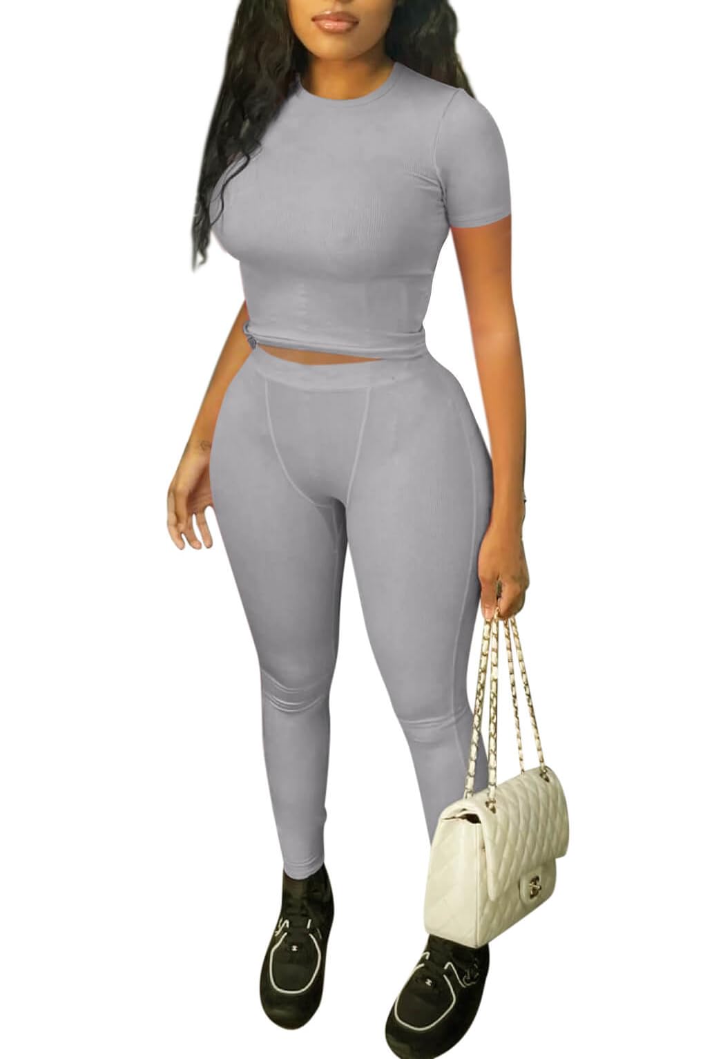 ZFLM Casual Workout Two Piece Outfits for Women Fitted Crew Neck T-shirt High Waist Pants Matching Sets Streetwear