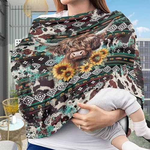 Image of Highland Cow Print Baby Carseat Cover Sunflower Nursing Cover Fashion Carseat Covers Baby Nursing Cover Toddler Boy Girls Breastfeeding Canopy Infant Stroller Cover Car Seat Canopy