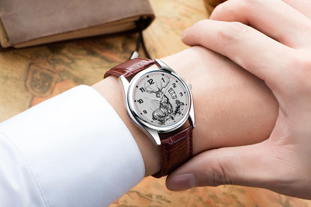 Men Watch Casual Waterproof Quartz Watches Clock Date Classic Business Brown Leather Christmas Wristwatch Majestic Whitetail Deer Illustration Wrist Watches