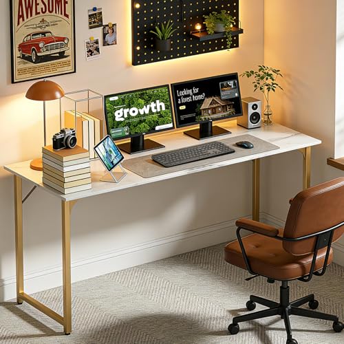 Image of BestOffice Computer Desk,Home Office Desk, Modern Simple Style for Home Office Study Writing (Gold, 55 Inch)