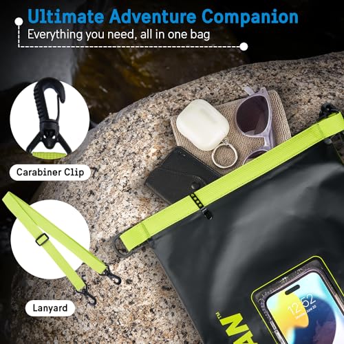 Image of Pelican Marine IP68 Waterproof Dry Bag 5L w /Phone Pouch /Case - Black /Yellow | Roll Top Waterproof Backpack with Touchscreen Phone Pouch - Swimming, Kayaking, Camping, Rafting, Fishing & Travel Essentials