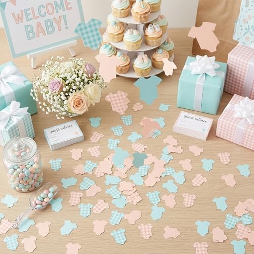 Image of BeYumi Baby Shower Table Confetti - 300Pcs Blue Pink Short-Sleeve Bodysuits Table Confetti Decorations Plaid Baby Outfit Scatter Paper Decor for Baby Girls Boys Gender Reveal Birthday Party Supplies