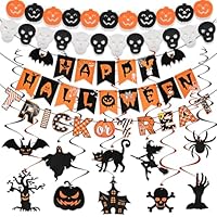AhfuLife Halloween Party Banner Decorations, Reusable Happy Halloween Paper Banner for Home, Trick or Treat Sign, Hanging Swirl for Kids Indoor Home School Party Decorations