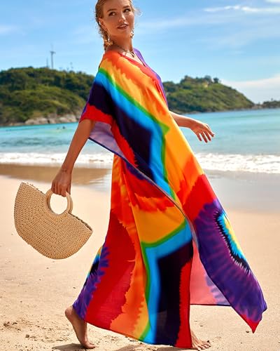 Bsubseach Kaftan Dresses for Women Plus Size Tie Dye Batwing Sleeve Caftans Swimsuit Coverup Maxi Dress Loungewear4