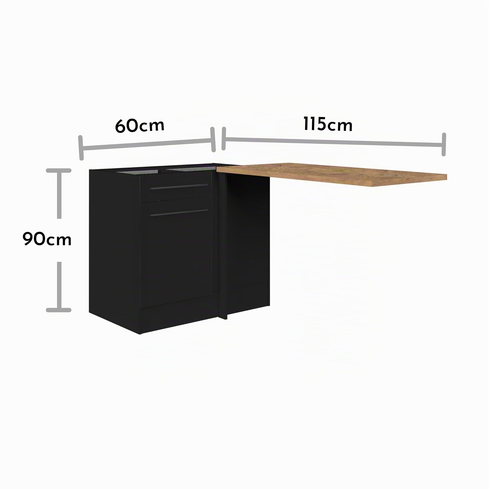 Jazz Moderner Eckschrank Küche mit Arbeitsplatte in Schwarz matt, Lanzelot Eiche Optik - Geräumiger Eck-Unterschrank mit viel Stauraum - 115 x 90 x 60 cm (B/H/T)
