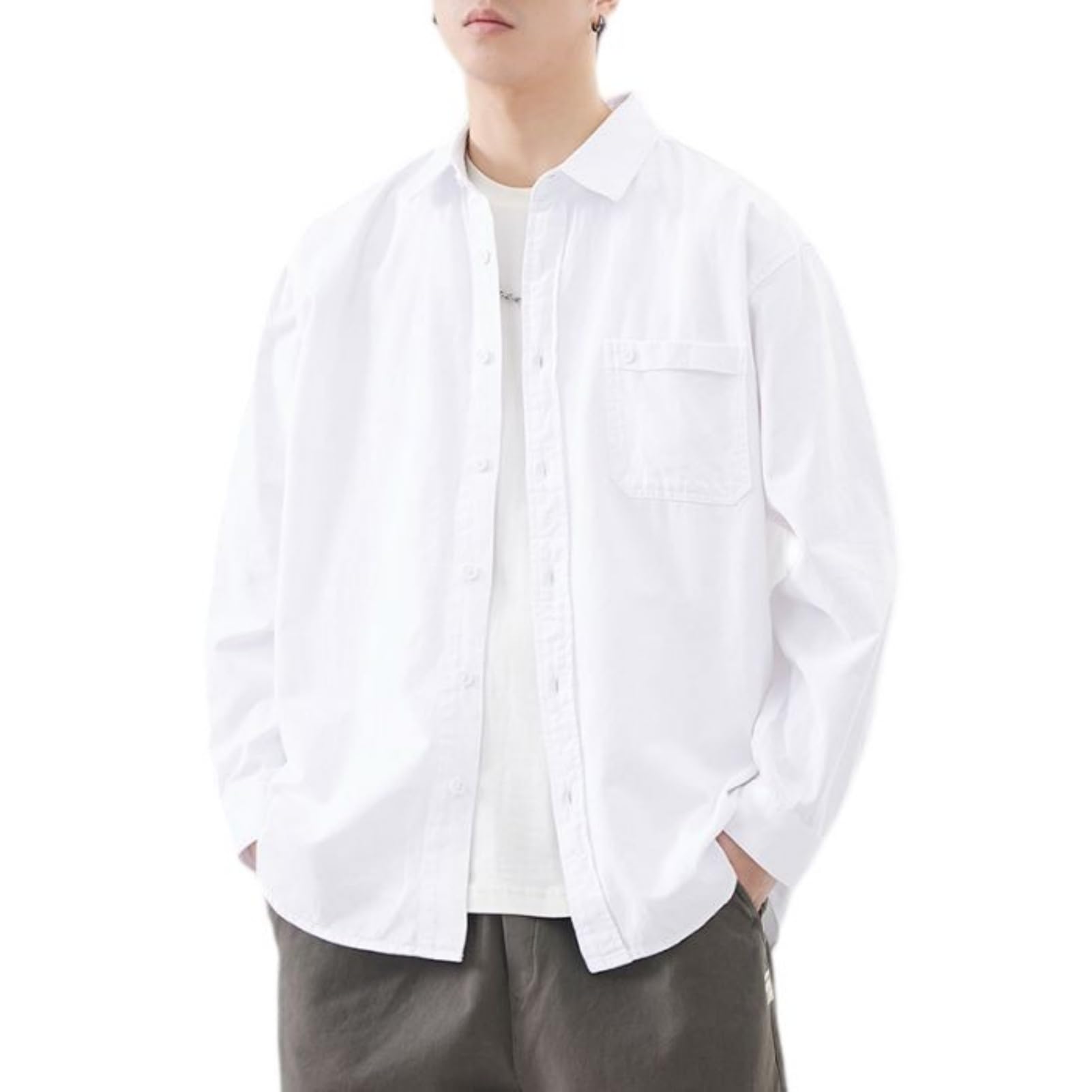 Camicia a maniche lunghe da uomo in cotone giapponese vintage tinta unita vestibilità rilassata resistente alle rughe traspirante