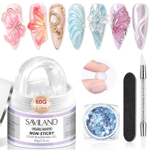 Image of SAVILAND Non-Sticky Solid Builder Nail Gel Kit: HEMA-Free Sculpting Gels for Nail Art with Sequins Sculpture Pen for 3D Gel Nails Art Carving Extension Overlays Starters DIY Home Satin White 2.02oz