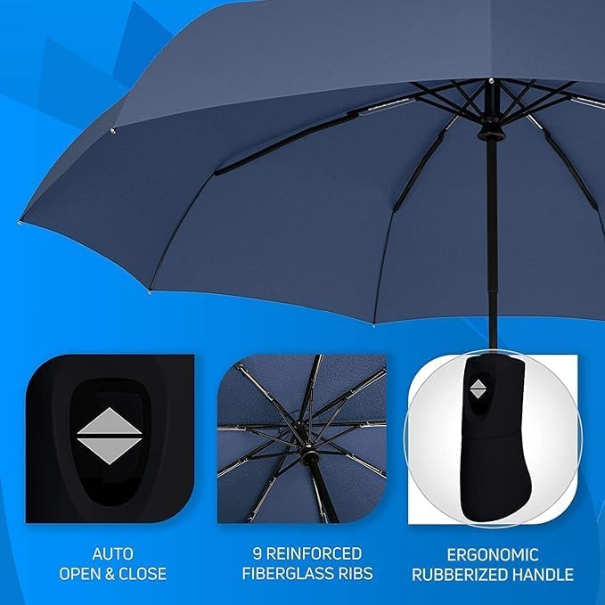 PRANIJ One-Click Auto Open/Close 3-Fold Travel Umbrella For Women, Men, & Kids, Sun & UV Protection Compact Lightweight Windproof Umbrella for Rain (Navy Blue) 1