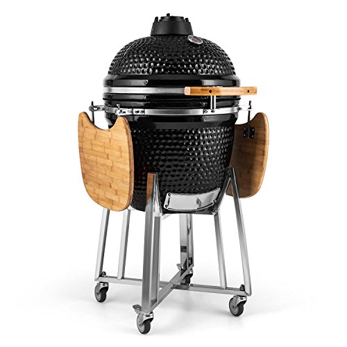 Klarstein Kamado-Grill - zum Grillen, langsamen Garen, Smoken oder Backen, abnehmbare Seitenteile, Keramik, Edelstahl, Bambus, Thermometer von 0-450 °C, 3 Rollen, 75 x 132 x 125 cm, schwarz