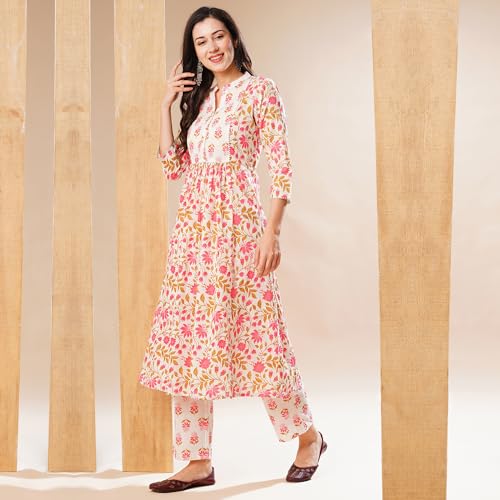 Image of Globus Women Ivory Floral Print A-Line Kurta Set With Trouser-3638388001