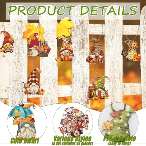 Fall Hanging Ornament Gnome Pumpkin Leaves Wooden Hanging Decoration Thanksgiving Pendant with Hemp Rope for Autumn Home Party Wall Decor 24 Pack