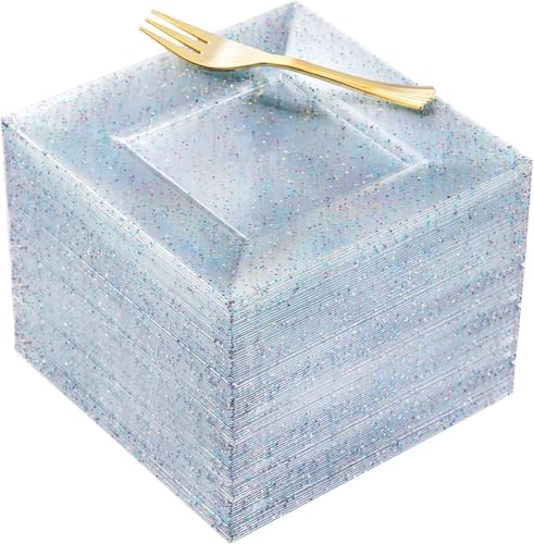 Plastic Glitter Dessert Plates, 6'' Square, 100pk