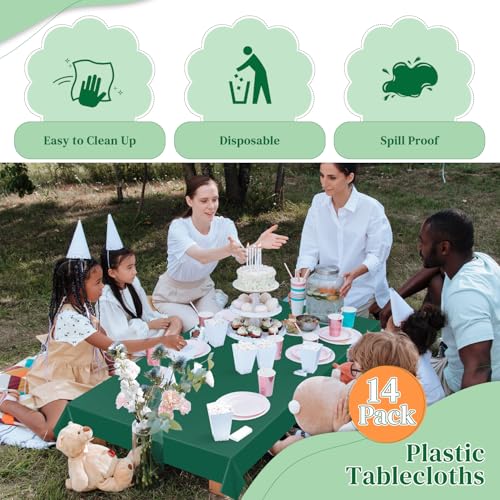 Image of Dark Green 14 Pack 54 x 108 Inch Plastic Tablecloths, Disposable Rectangle Tablecloth, Party Table Cover Plastic Table Cloth