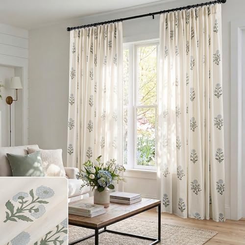 Blue Green Floral Linen Farmhouse Curtains 84 Inch French Country Cottage Core Light Filtering Pinch Pleated Drapes Vintage Block Print Pattern Sheer Panel for Living Room Bedroom Sliding Glass Door