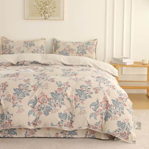 Image of Story@Home King Size Bedcover Set | 400 TC Microfiber Bedding Set with 1 Duvet Cover 1 King Bedsheet 270 x 250 cm & 2 Pillow Covers | Soft Durable Duvet Cover Set Floral Pattern | Beige Blue