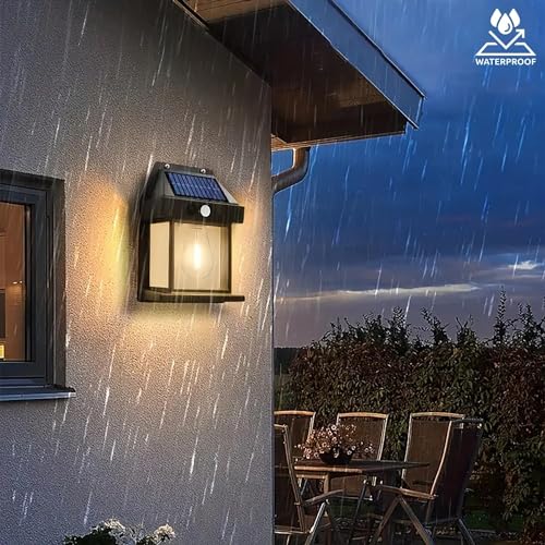 Image of Litehom Solar Wall Lights Outdoor | Motion Sensor Waterproof LED 3 Modes Sconce Solar Lamp | Auto-Charging Exterior Security Light for Porch, Patio, Garden, Balcony & Pathway (Warm Yellow, 1 Pc)