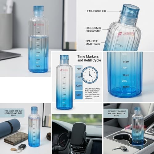 Image of Borosilicate Water Bottles, H2O Fridge Water Bottle with Cap, Leak proof & Airtight Lid, Water Bottle for Office, School, College - 500ml Bottles with Time Marker (Striped Blue)