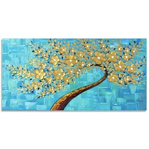 Fokenzary Handgeschilderde abstracte moderne bloemen dik 3D-effect mes canvas schilderij ingelijst klaar om op te hangen (50 x 101 cm)