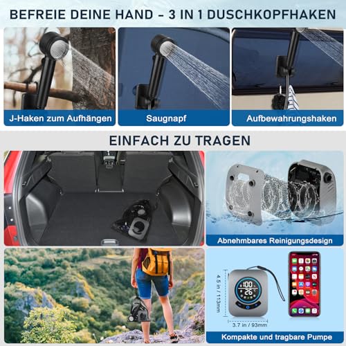Spopal Campingdusche Tragbare, [USB-Laden 8000mAh] Camping Dusche mit Pumpe, Mobile Dusche Outdoor Set mit Duschkopf und 2M Schlauch für Camping Garten Autowaschen Strand Reisen Haustier (Grau)