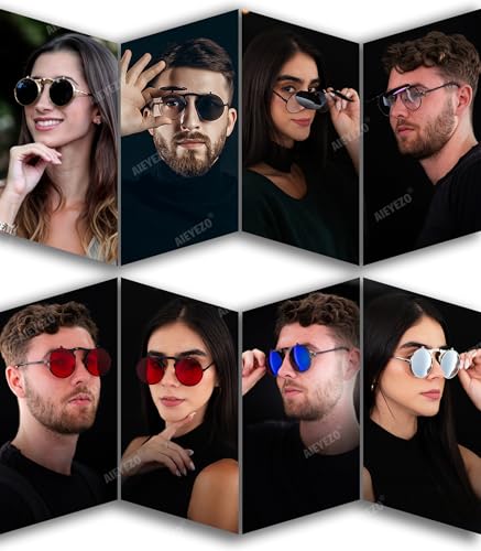 AIEYEZO Round Flip Up Sunglasses for Men and Women Rave Flip Glasses 90's Retro Steampunk Style4