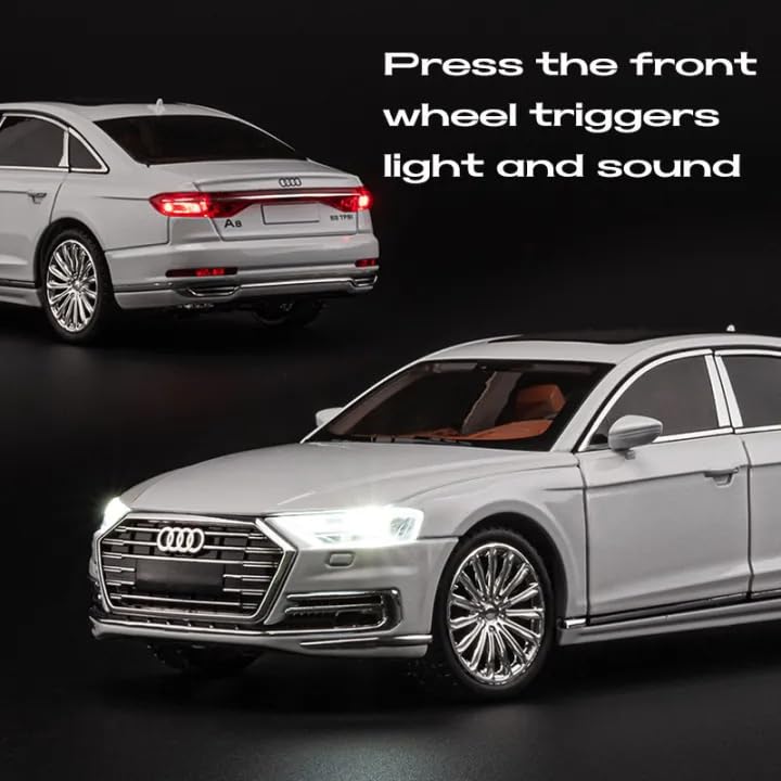 Image of 1 /24 Big Audi A8 Toy Car Metal Pull Back Diecast Car with Openable Door and Sound Light, Gifts Toys for Kids【 Black 】