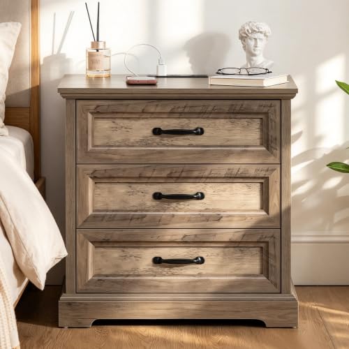 Image of HOMMPA 24'' Farmhouse Nightstand with Charging Station, Bedside Tables with Storage, Rustic Night Stand with AC Outlets & USB Port, 3 Drawers End Table Dresser, Wood Night Table for Bedroom, Greige