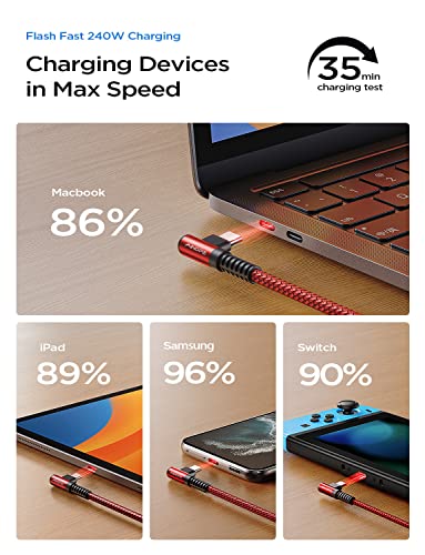 Image of AINOPE 240W USB-C Cable (6.6ft 2Pack), Right Angle Charger for iPhone 16, MacBook Pro, iPad Pro /Air, Samsung, Red