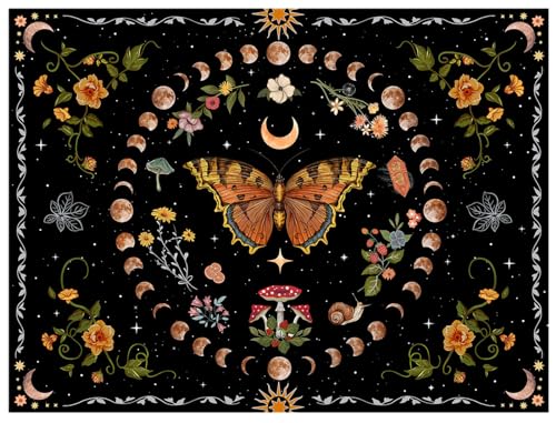 Aipon Orange Butterfly Moon Flower Tapestry Botanical Floral Plant Boho Tapestry for Bedroom Aesthetic Vintage Tapestries Wall Hanging for Living Room Dorm (68.00'' × 90.00'', Orange)