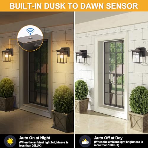 Image of 2 Pack Outdoor Porch Lights, Dusk to Dawn Wall Lighting with GFCI Outlet | Waterproof Alunmium Wall Sconces with Clear Glass Shade, Outside Porch Lights House Patio Garage Front Door, Bulbs Included