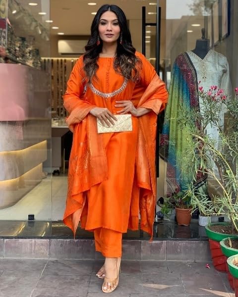 Image of Yashika Women's Silk Blend Jacquard Kurta and Pant with Dupatta Set and Khatali Work Suitable For Every Indian Occasion