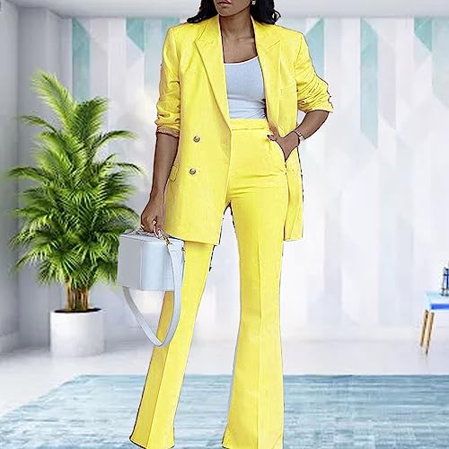 Blazer feminino de 2 peças com gola de lapela e calça de trabalho de pernas largas casual, cor lisa,