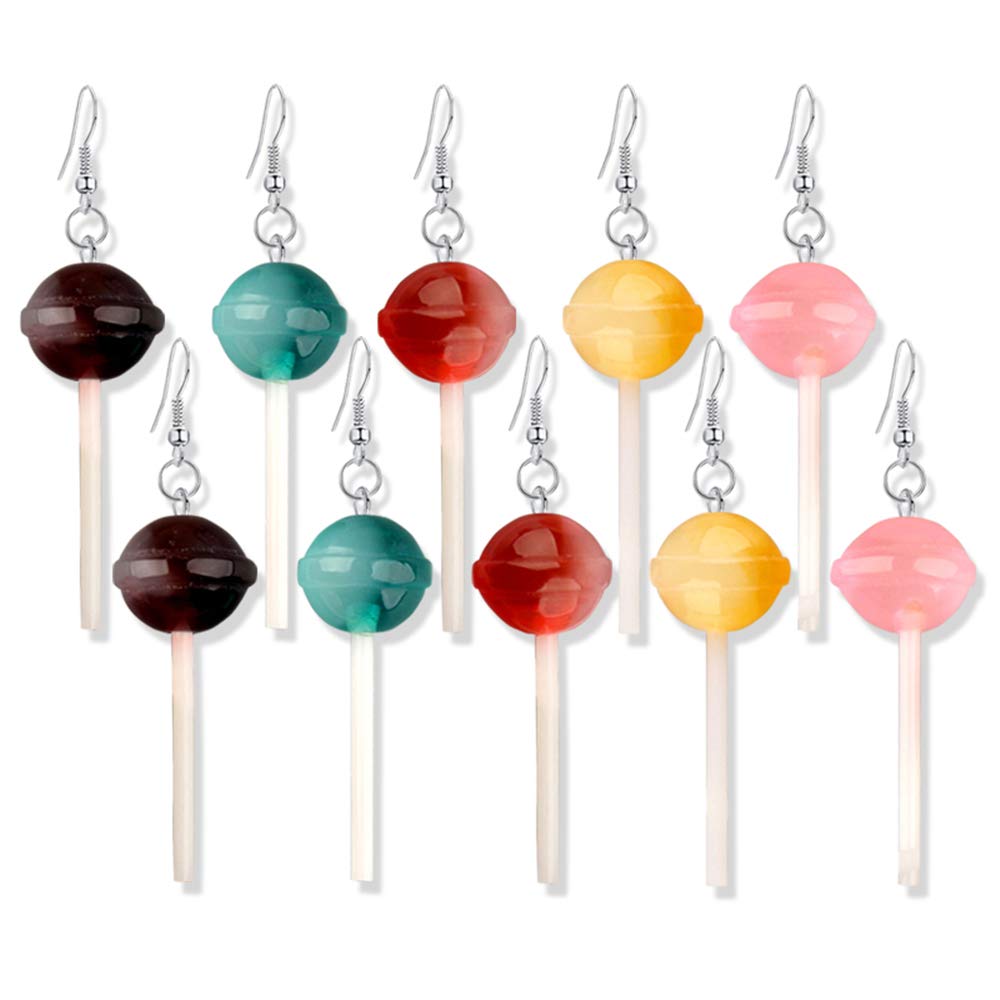 DAMLENG 5 Pairs Cute Resin Round Lollipop Drop Earring Handmade Candy Color Simulation Food Dangle Earring for Women Funny Cartoon Friendship Jewelry
