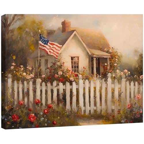 Image of RIBNTAK Made in USA Patriotic American Flag Farmhouse Canvas Wall Art, 4th of July Cottage Garden with Roses Painting Print, Independence Day Decor for Living Room, Bedroom & Kitchen, 8x12in
