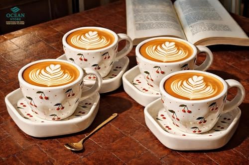 Image of OCEAN STORE Ceramic Cherry Print Tea Cup with Saucer 250 ml | Aesthetic Coffee Cup Set | Cute Printed Ceramic Mug | Glossy Finish Cup for Home, Office & Cafe (4)