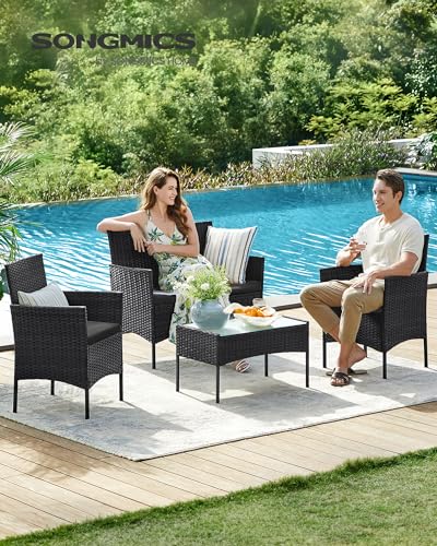 SONGMICS Gartenmöbel-Set, 4-teilig, Balkonmöbel aus PE-Polyrattan, Tisch, 2 Stühle, 2-Sitzer-Bank, Lounge-Möbel Outdoor, Terrassenmöbel, für Terrasse, Balkon, schwarz-grau GGF004B06 2