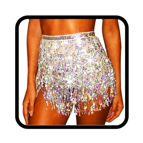 Zookey Pailletten Quasten Rock Rave Fransenrock Rock für Bauchtanz Hüftschal Festival Outfit für Frauen und Mädchen