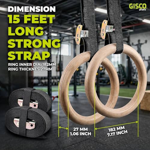 Image of GISCO Wooden Gymnastic Rings | 300 kg Load Capacity | Adjustable Straps with Metal Buckles | Calisthenics & Strength Training for Home Workout (Set of 2)