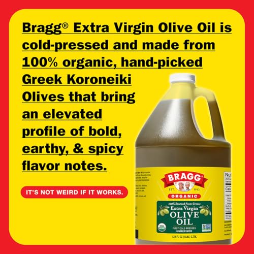 Bragg Organic Extra Virgin Olive Oil – Made with Greek Koroneiki Olives – Cold Pressed EVOO for Marinades & Vinaigrettes – USDA Certified, Non-GMO, Kosher (128 fluid Ounce)