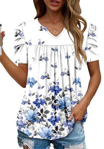 KISSMODA Tops for Womens Summer Cute Short Sleeve Shirts Trendy Notched Neck Blouses Casual Loose Pleated Tunics S-3Xl