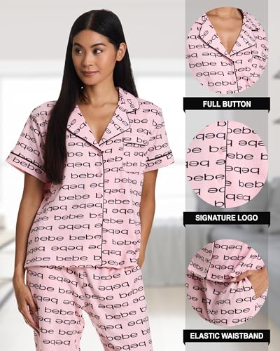 Image of bebe Womens 2 Piece Bridesmaid Pajamas Set Short Sleeve Button Down Shirt and Pants