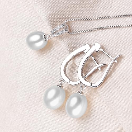 Pearl Jewelry Set For Women with Cubic Zirconia Freshwater Pearl Pendant Necklace & Earrings 925 Sterling Silver for Wedding Prom Gift4